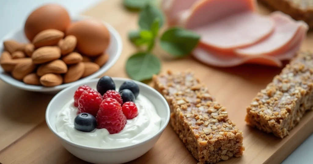 Assorted high protein snacks including boiled eggs, almonds, Greek yogurt with berries, turkey breast, and protein bars on a wooden table.