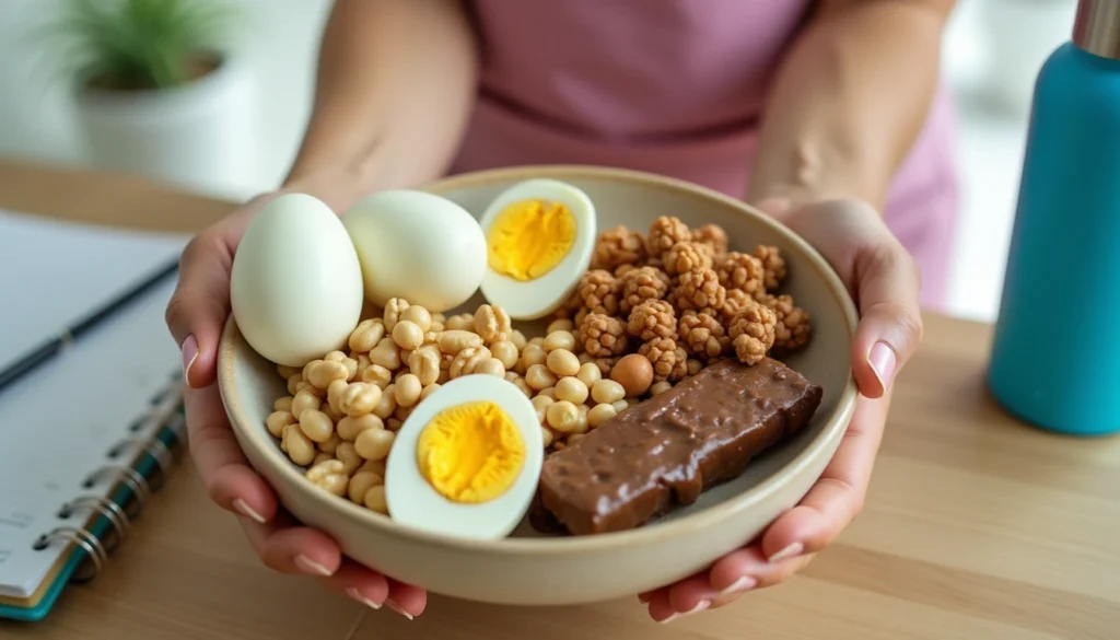 A person holding a bowl of mixed high protein snacks like boiled eggs, almonds, and protein bars, with a fitness planner and water bottle in the background.