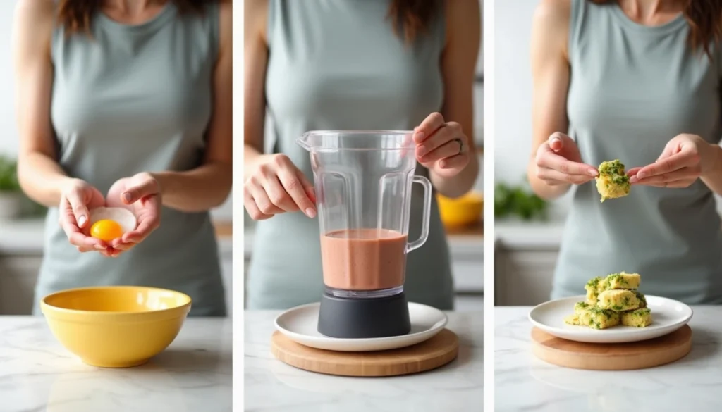 Step-by-step preparation of high protein snacks with ingredients like eggs, protein powder, and a smoothie blender in a bright kitchen.