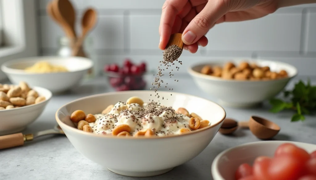 Bowls filled with protein ingredients like nuts, seeds, and lean meats, with a hand sprinkling chia seeds over Greek yogurt, offering protein snack variations.