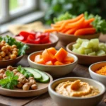 A rustic breakfast table featuring a variety of colorful vegan snacks, including roasted chickpeas, fresh vegetables, hummus, mixed nuts, and a green smoothie.