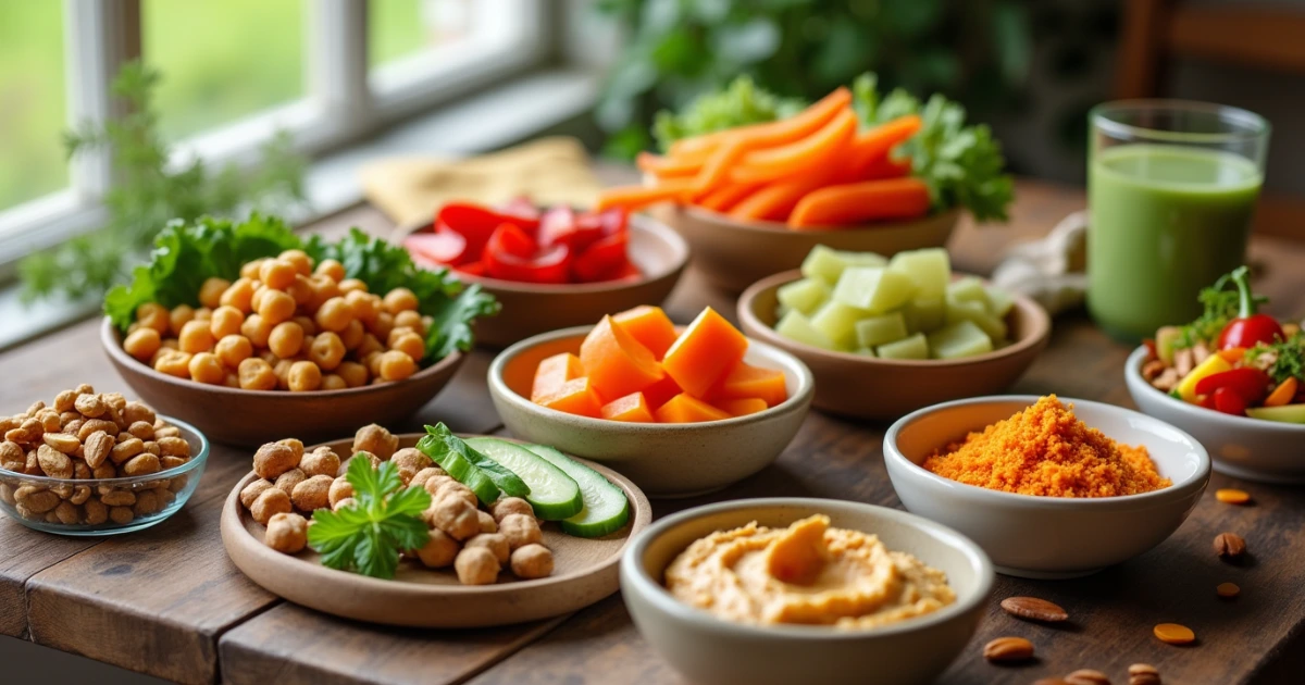 A rustic breakfast table featuring a variety of colorful vegan snacks, including roasted chickpeas, fresh vegetables, hummus, mixed nuts, and a green smoothie.