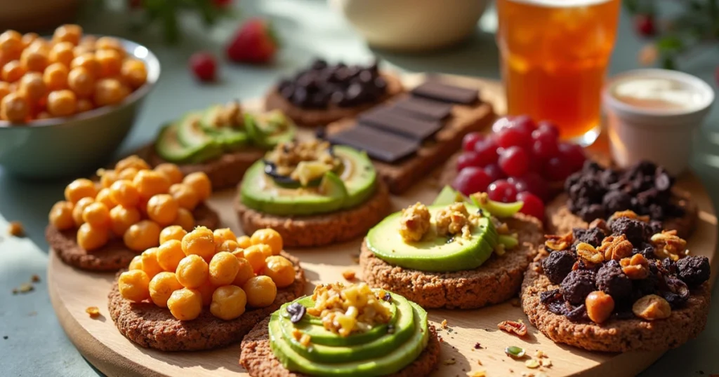 Best vegan snacks spread on a wooden board with roasted chickpeas, rice cakes, dark chocolate-covered fruit, and trail mix.