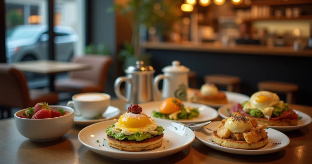 Brunch in Birmingham UK featuring a trendy café with various brunch dishes including avocado toast, pancakes, and eggs Benedict.