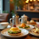 Brunch in Birmingham UK featuring a trendy café with various brunch dishes including avocado toast, pancakes, and eggs Benedict.