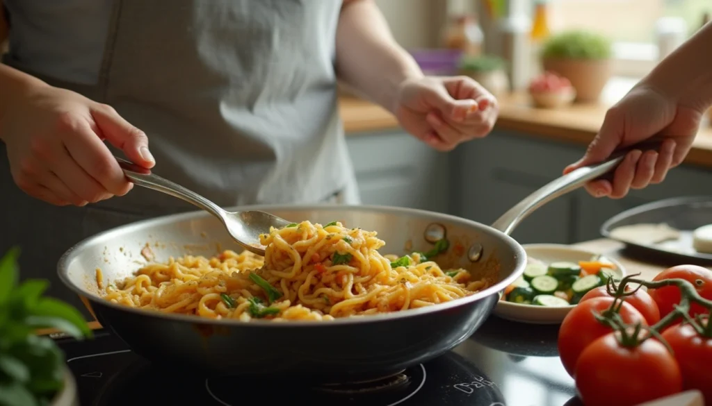 A person cooking veggie pasta in a cozy kitchen, stirring fresh vegetables and pasta in a skillet.