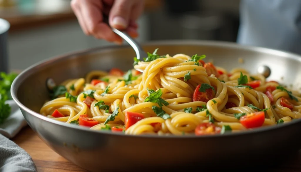 A cook preparing a vegetarian pasta dish by stirring fresh vegetables and pasta in a skillet.