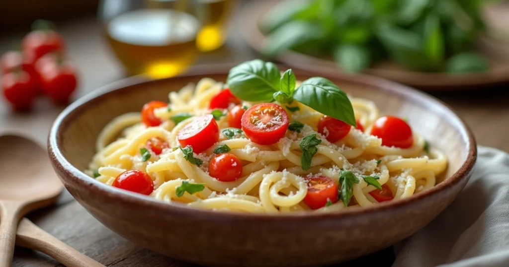 A close-up of an orzo pasta dish garnished with cherry tomatoes, Parmesan, and fresh basil, served in a rustic bowl with wooden utensils on the side.