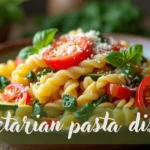 A vibrant and appetizing bowl of vegetarian pasta with fresh vegetables like tomatoes, spinach, and zucchini, topped with parmesan cheese.