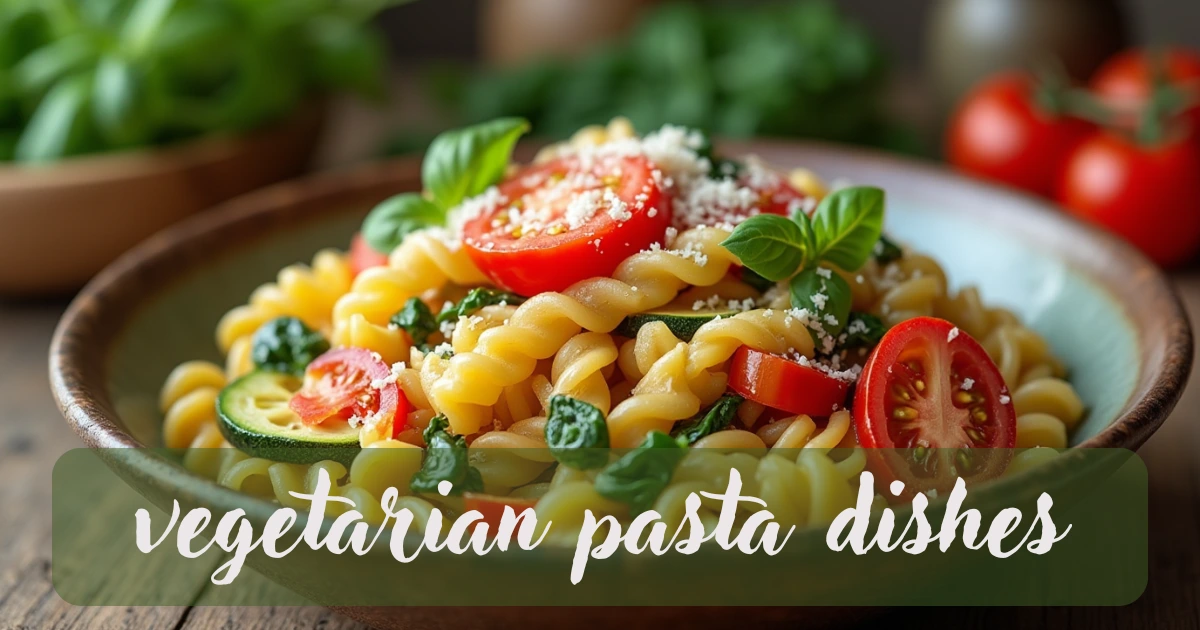 A vibrant and appetizing bowl of vegetarian pasta with fresh vegetables like tomatoes, spinach, and zucchini, topped with parmesan cheese.