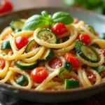 A bowl of veggie pasta with colorful vegetables like zucchini, bell peppers, and cherry tomatoes, placed on a rustic wooden table with a fork beside it.