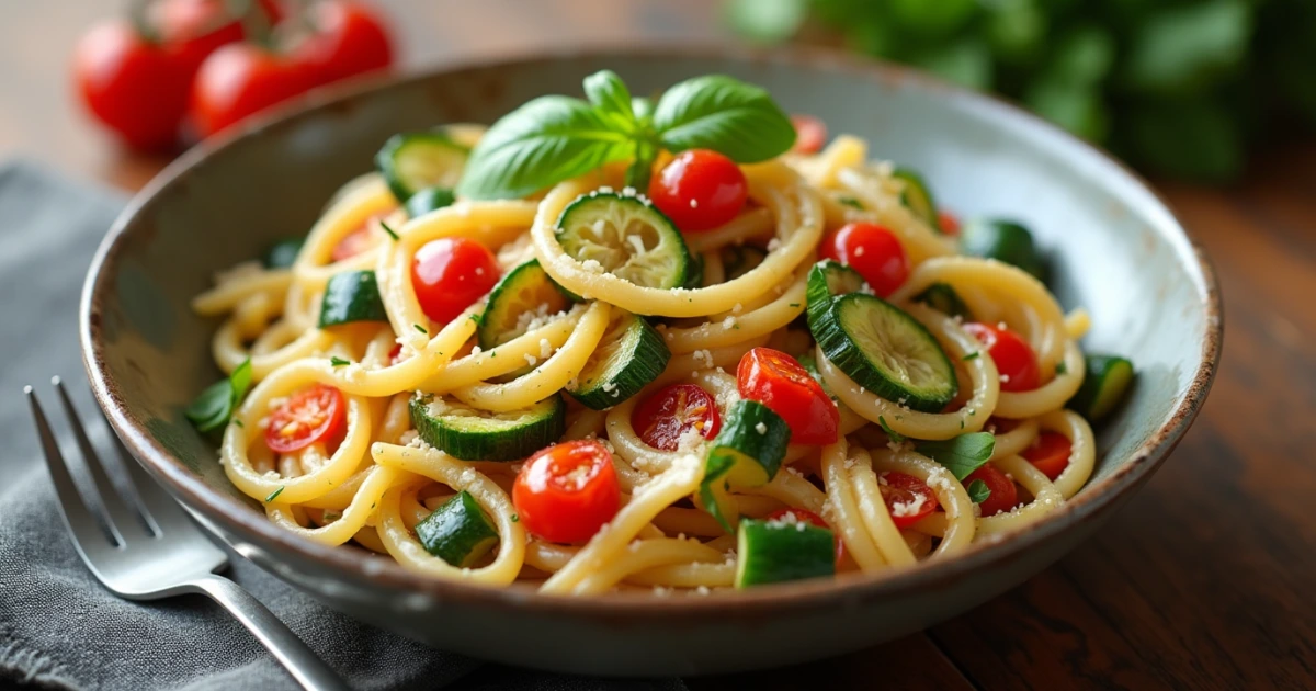 A bowl of veggie pasta with colorful vegetables like zucchini, bell peppers, and cherry tomatoes, placed on a rustic wooden table with a fork beside it.