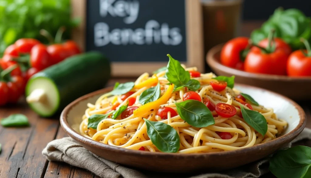 A vibrant veggie pasta dish with fresh vegetables, alongside a notepad highlighting the key benefits of veggie pasta.