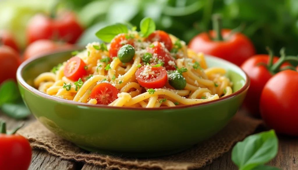 A healthy vegetarian pasta dish surrounded by fresh, colorful vegetables like tomatoes, zucchini, and spinach, showcasing the dish's nutritional benefits.