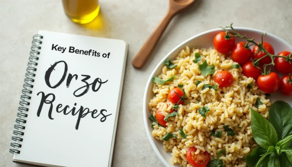 A notebook labeled 'Key Benefits' next to a bowl of cooked orzo, cherry tomatoes, and fresh basil on a wooden countertop.