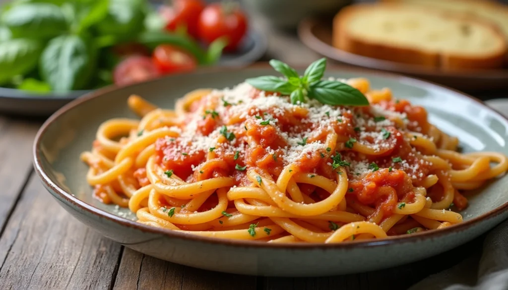 A beautifully plated vegetarian pasta dish with a side of garlic bread and a green salad, garnished with fresh herbs and parmesan cheese.