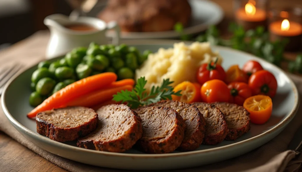 A vegetarian roast dinner platter with nut roast, roasted vegetables, mashed potatoes, and gravy, served on a dining table.