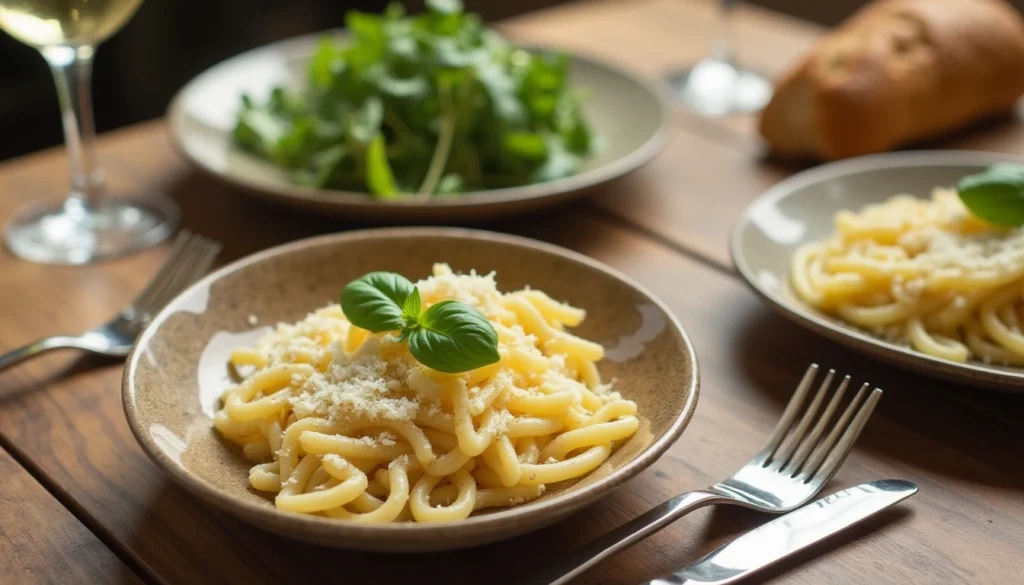 Individual servings of orzo pasta garnished with basil and Parmesan on a table with salad, bread, and wine.