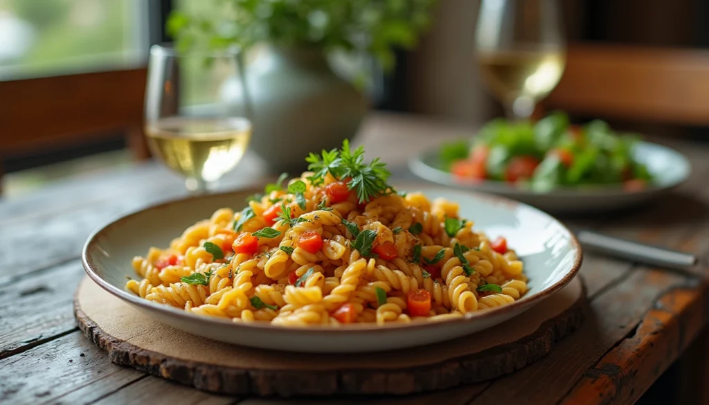 A beautifully plated veggie pasta dish with fresh herbs, served with a side salad and a glass of wine.