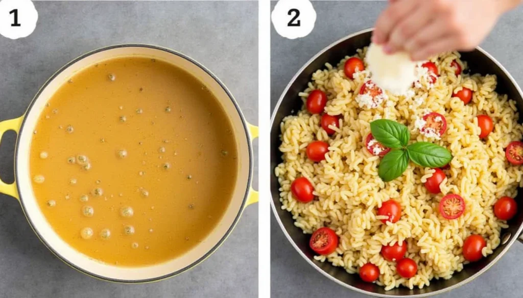 Step-by-step visuals of orzo being cooked, combined with cherry tomatoes and garlic in a skillet, and topped with Parmesan and basil.