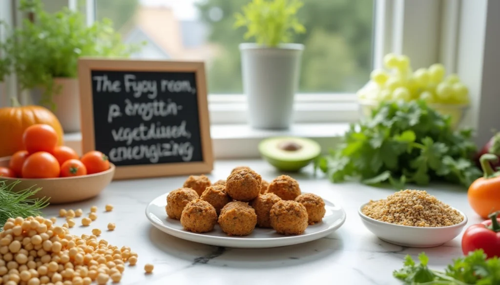 High protein vegetarian snacks with ingredients like chickpeas, quinoa, and seeds on a bright kitchen countertop.