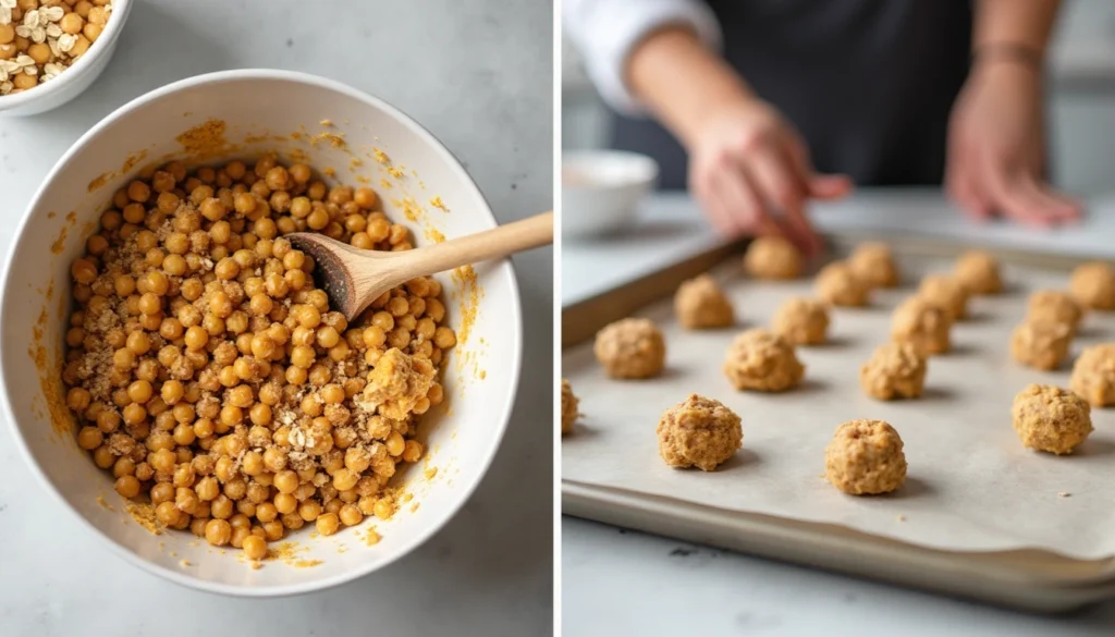 Step-by-step process of making high protein vegetarian snacks: mixing ingredients, shaping, and baking.