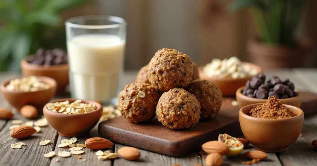 A rustic table with a variety of protein snacks, including energy balls, protein bars, and trail mix, surrounded by ingredients like nuts, seeds, and dried fruits. A glass of almond milk sits in the background, adding a refreshing touch.