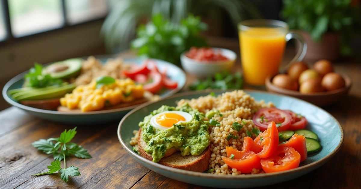 A colorful vegan brunch spread featuring avocado toast, tofu scramble, quinoa, fresh vegetables, and a glass of fresh orange juice on a rustic wooden table with natural light.