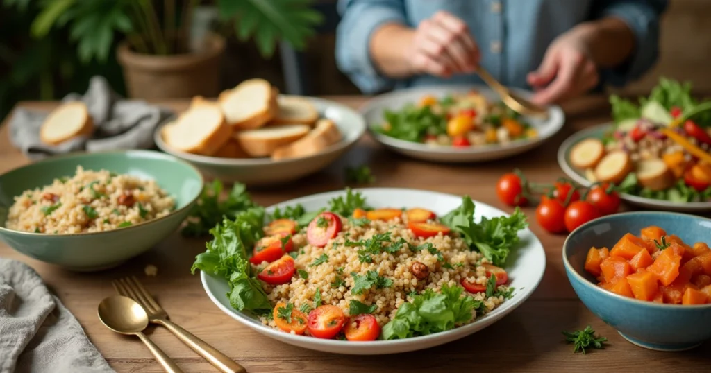 A vibrant vegetarian dinner spread with quinoa bowls, fresh vegetables, a colorful salad, roasted veggies, and bread on a cozy dining table.