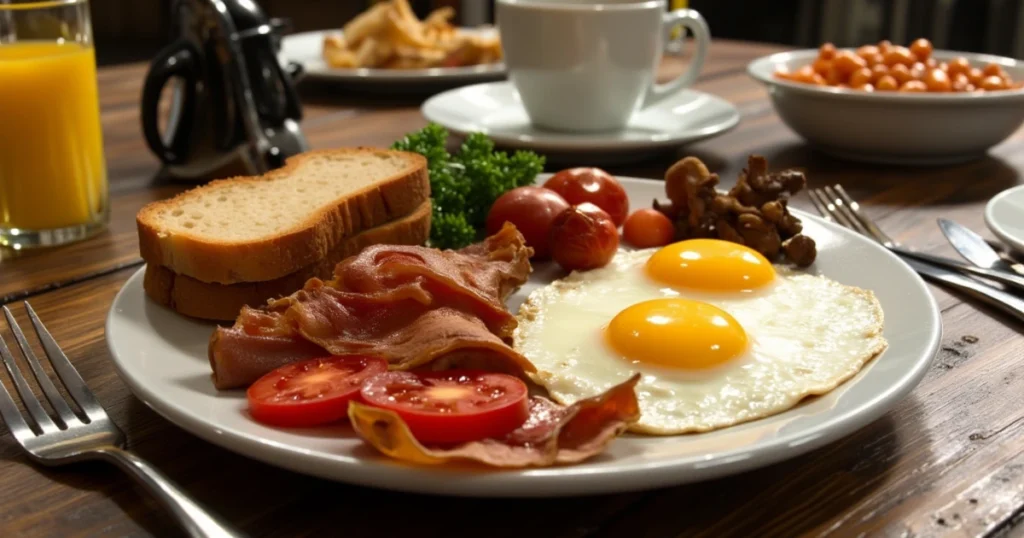 A hearty English breakfast with fried eggs, bacon, sausages, grilled tomatoes, mushrooms, toast, and baked beans served on a wooden table. Breakfast Near Me Open Now