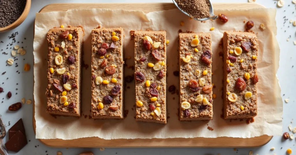 Homemade vegan protein bars on a wooden board with rolled oats, chia seeds, and dried fruits arranged around them.