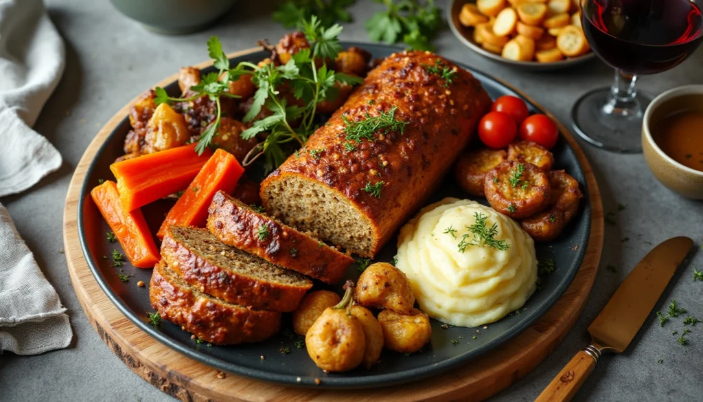 A colorful vegetarian Sunday roast spread featuring a nut roast loaf, roasted veggies, mashed potatoes, and gravy.