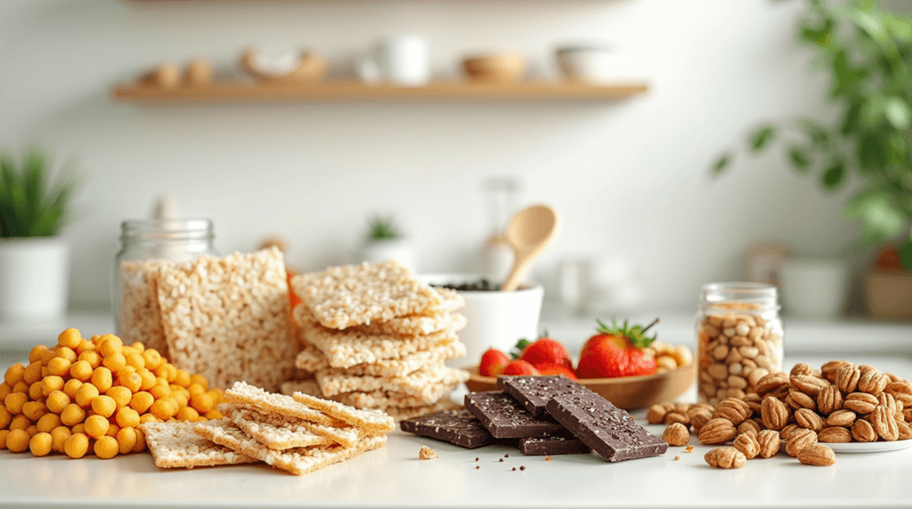 Best vegan snacks served on a rustic wooden platter with rice cakes, roasted chickpeas, dark chocolate fruit, and iced tea.