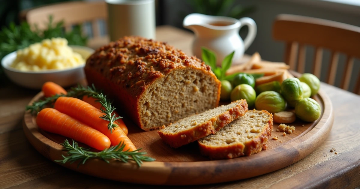 A golden-brown vegetarian nut roast loaf, sliced and served with roasted vegetables, mashed potatoes, and gravy, garnished with fresh herbs.