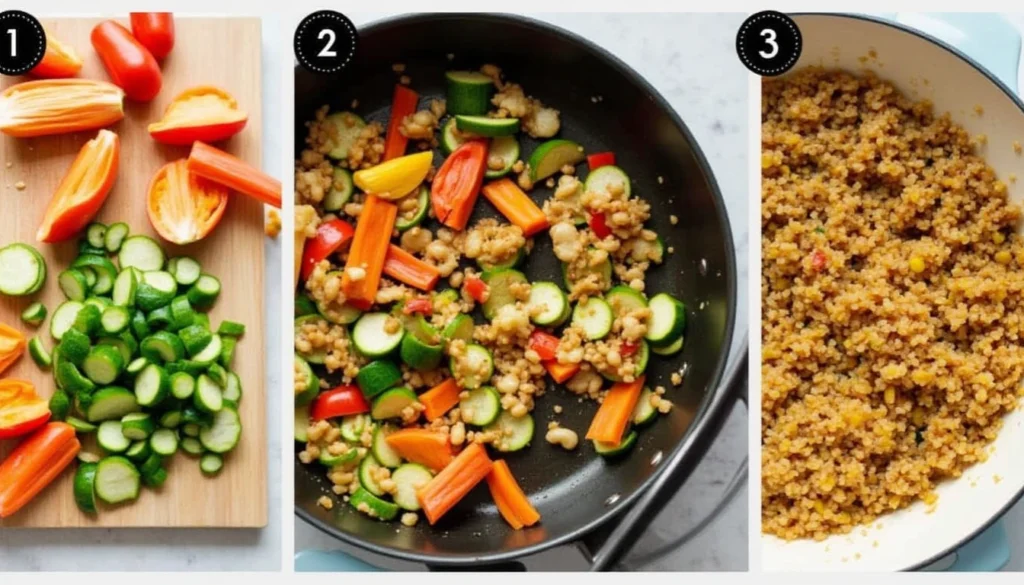 Step-by-step cooking process for an easy to cook vegetarian dinner, from chopping to plating.
