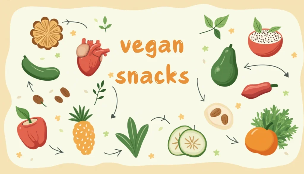 A vibrant infographic showing the health benefits of vegan snacks with icons for heart health, energy, and immunity surrounded by colorful plant-based ingredients.