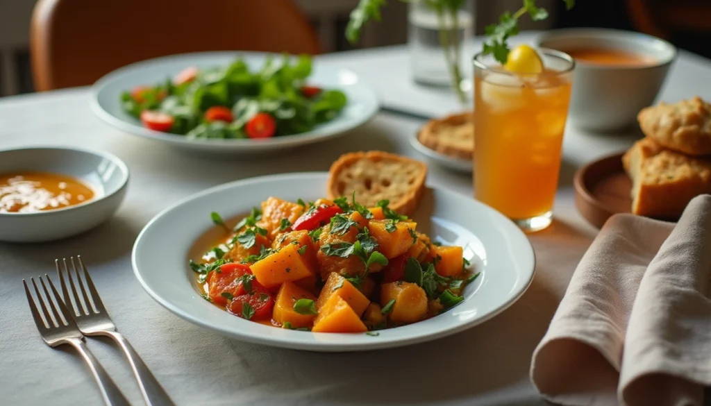  A beautifully plated vegetarian dinner with sides like salad, soup, and bread on a cozy table.