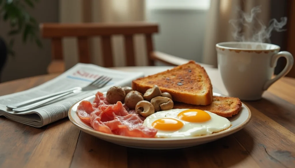 A vibrant English breakfast spread featuring bacon, eggs, mushrooms, and toast with coffee on a wooden table, showcasing the joy of homemade breakfast. Breakfast Near Me Open Now