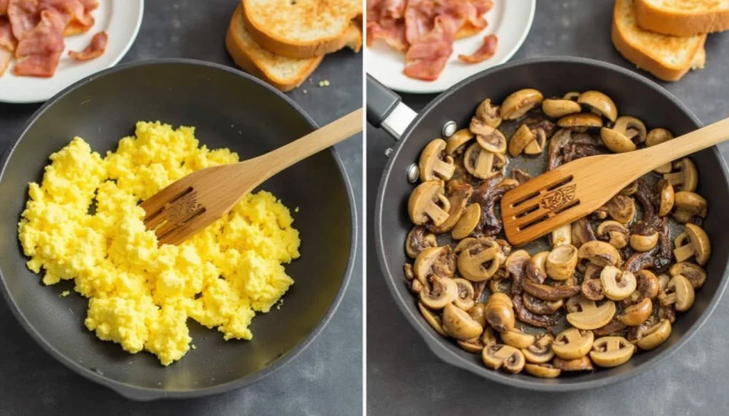 A skillet on a stovetop with scrambled eggs being stirred by a wooden spatula, surrounded by a plate of bacon, mushrooms, and toast in the background. Breakfast Near Me Open Now