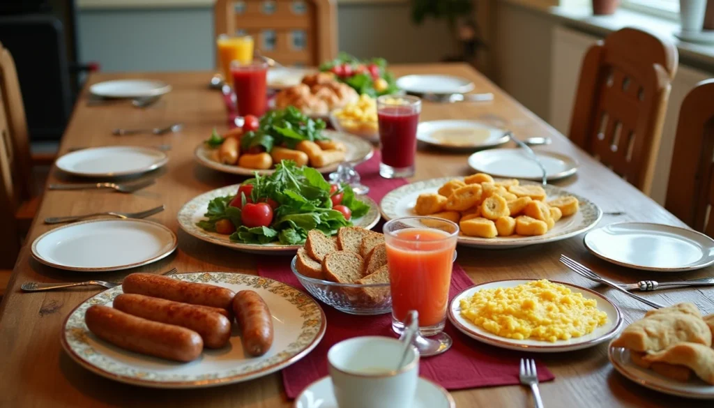 A family-style breakfast spread on a wooden table with eggs, sausages, mushrooms, toast, and glasses of juice, ready for serving.