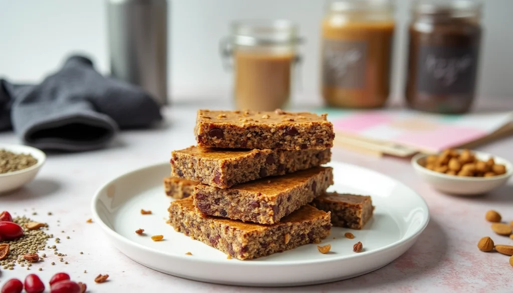 A stack of vegan protein bars on a plate with chia seeds, dried cranberries, and nut butter, with workout gloves and a notebook in the background.