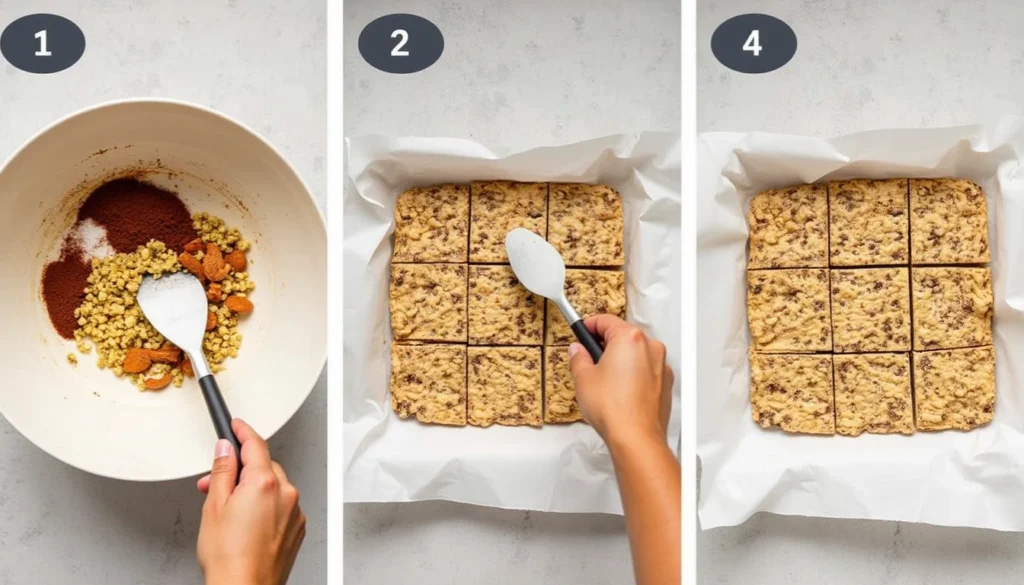 Step-by-step visuals of making vegan protein bars, showing mixing, pressing into a pan, and cutting into squares.