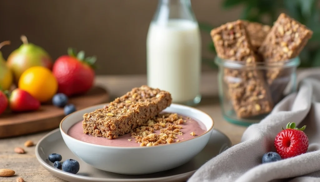 Serving suggestions for vegan protein bars, including crumbled over a smoothie bowl and individually wrapped for on-the-go snacks.