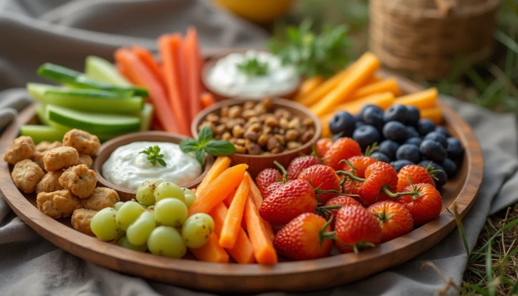 A beautifully arranged platter of vegan snacks, including veggie sticks, dips, roasted nuts, and fruit skewers, placed on a rustic table with soft natural lighting.