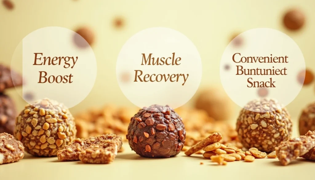 A vibrant display of protein snacks like energy balls and bars on a wooden table, surrounded by words like 'Energy Boost' and 'Muscle Recovery,' set in a warm and inviting light.