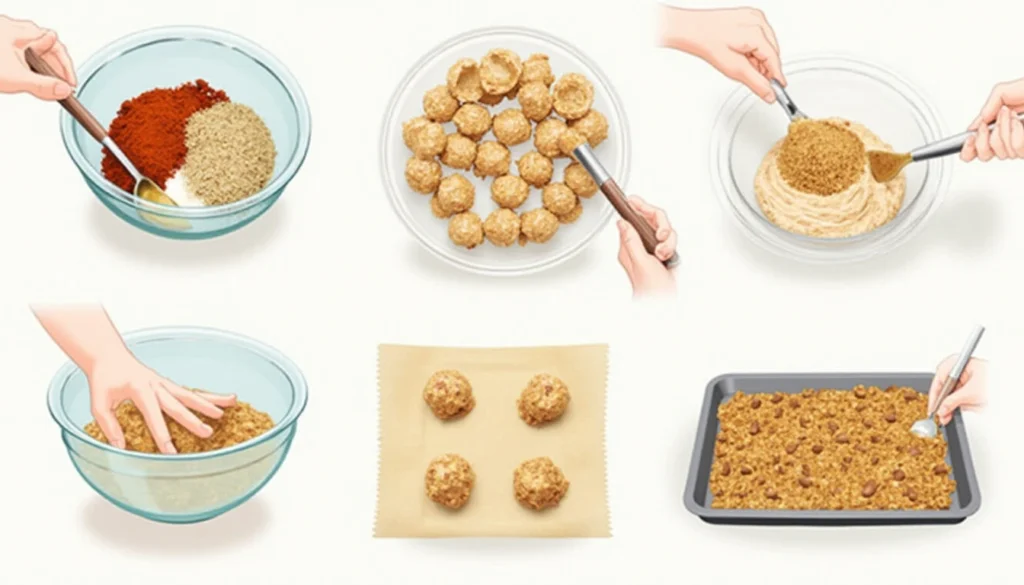 Hands mixing ingredients like oats, nuts, and honey in a bowl, while a baking tray with parchment paper and a spatula sits nearby.