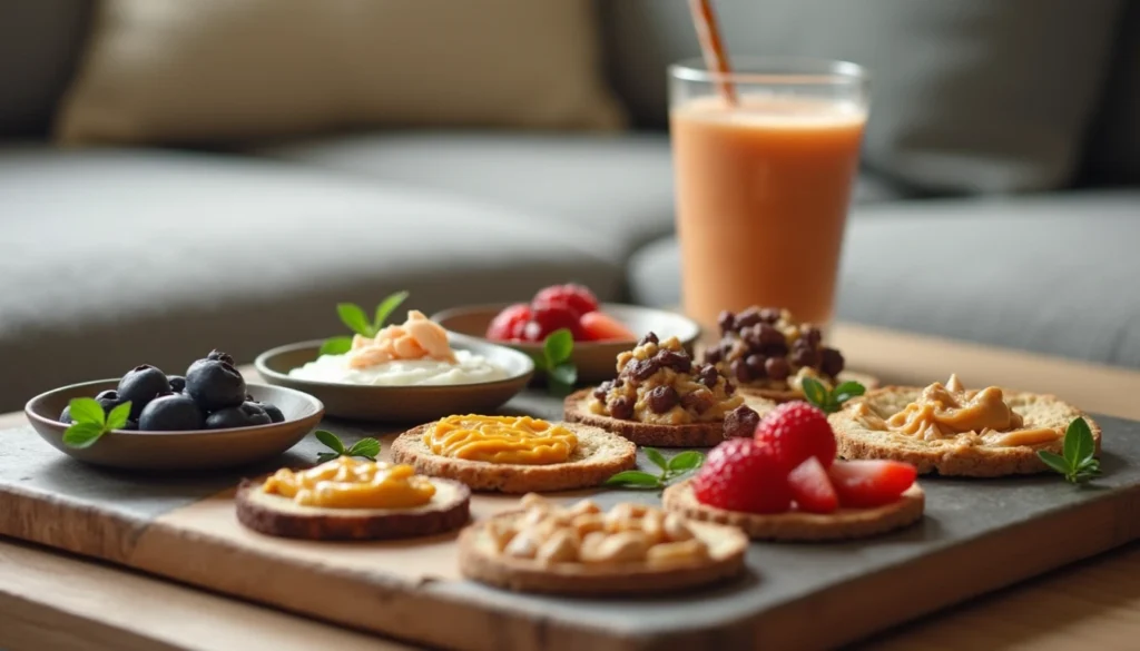 A cozy setup of protein snacks served on a wooden tray, accompanied by small bowls of yogurt, nut butter, and berries, with a smoothie in the background.