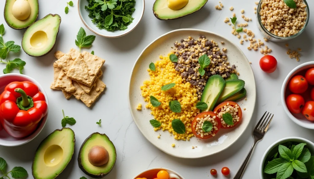 A colorful vegan brunch spread showcasing nutritious ingredients like tofu scramble, avocado toast, quinoa, and fresh vegetables arranged on a wooden table.