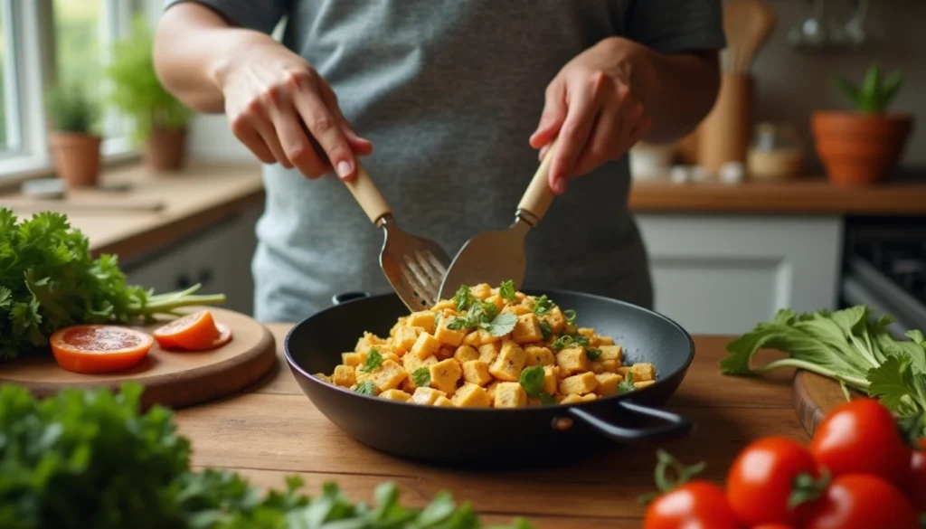 A person stirring tofu scramble in a skillet with fresh vegetables being chopped on a wooden cutting board in a cozy kitchen.