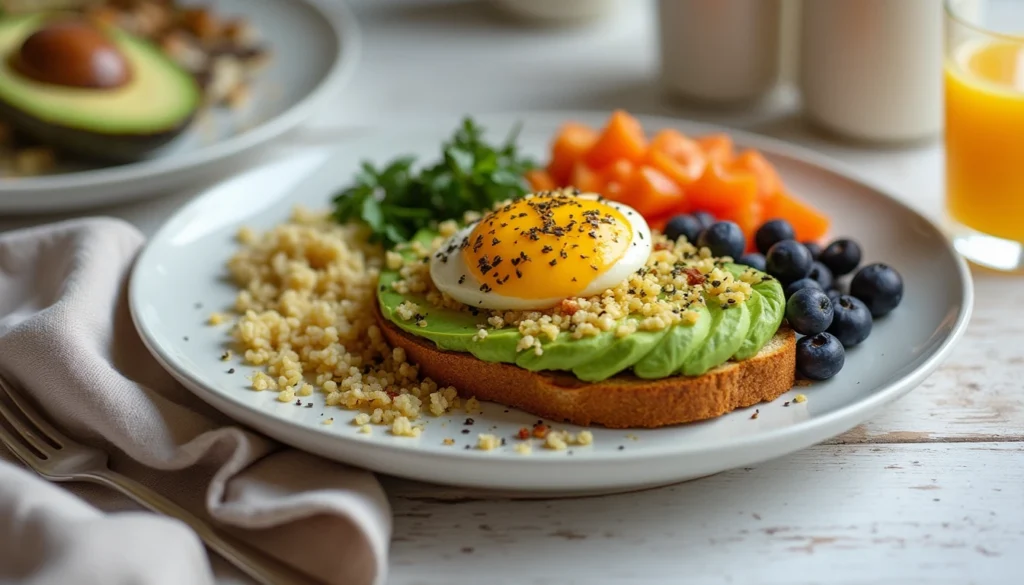 A beautifully plated vegan brunch with avocado toast, tofu scramble, quinoa, and a variety of sides served on a rustic table setting.